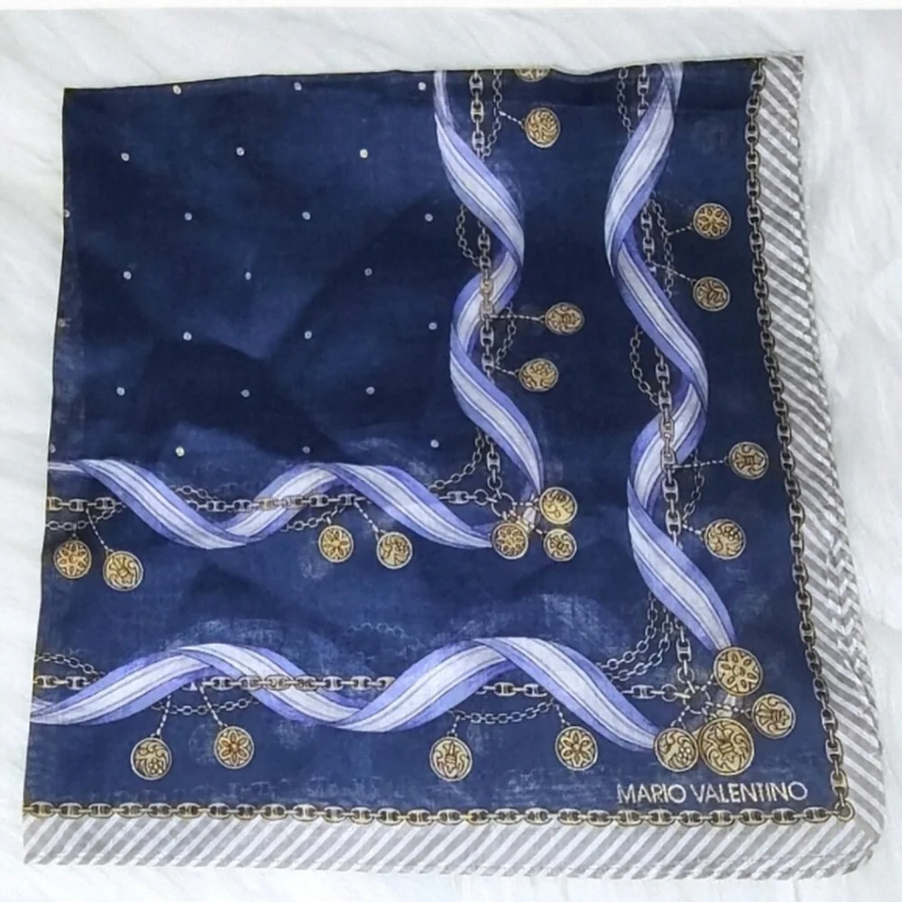 Mario Valentino Navy and Gold Patterned Scarf (NWOT) - Picture 3 of 5